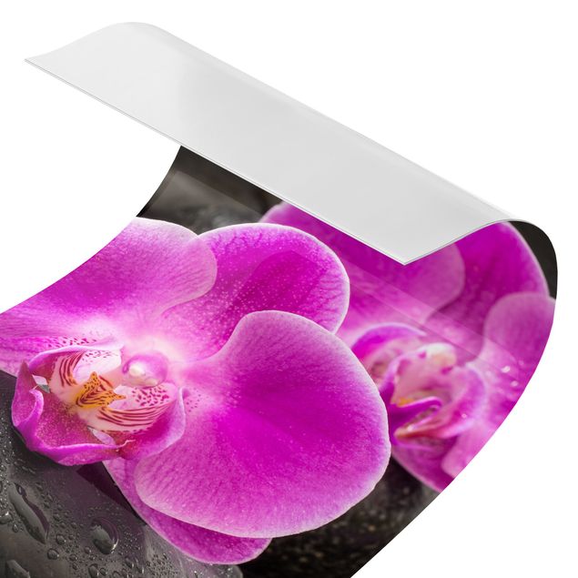 Deko Stein Pinke Orchideenblüten auf Steinen mit Tropfen