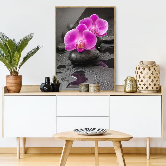 Wanddeko Büro Pinke Orchideenblüten auf Steinen mit Tropfen