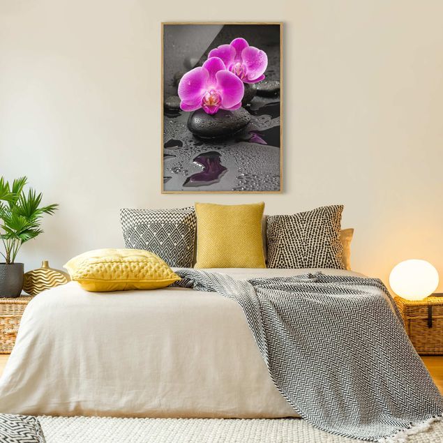 Deko Orchidee Pinke Orchideenblüten auf Steinen mit Tropfen
