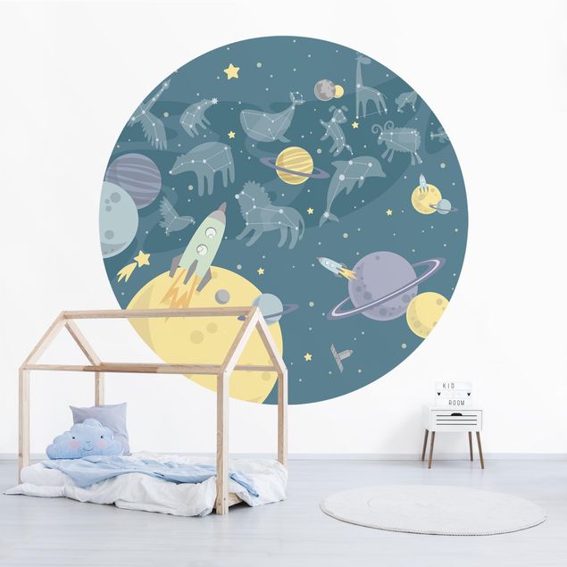Wanddeko blau Planeten mit Sternzeichen und Raketen