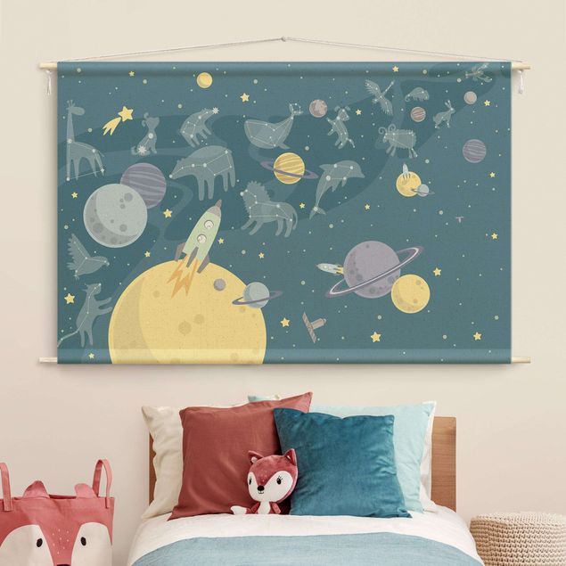 Wanddeko Büro Planeten mit Sternzeichen und Raketen