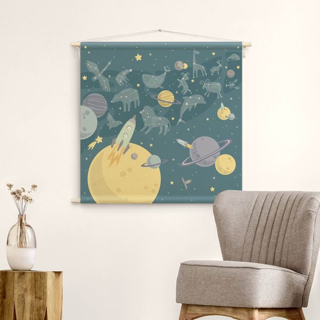 Wanddeko Jungenzimmer Planeten mit Sternzeichen und Raketen