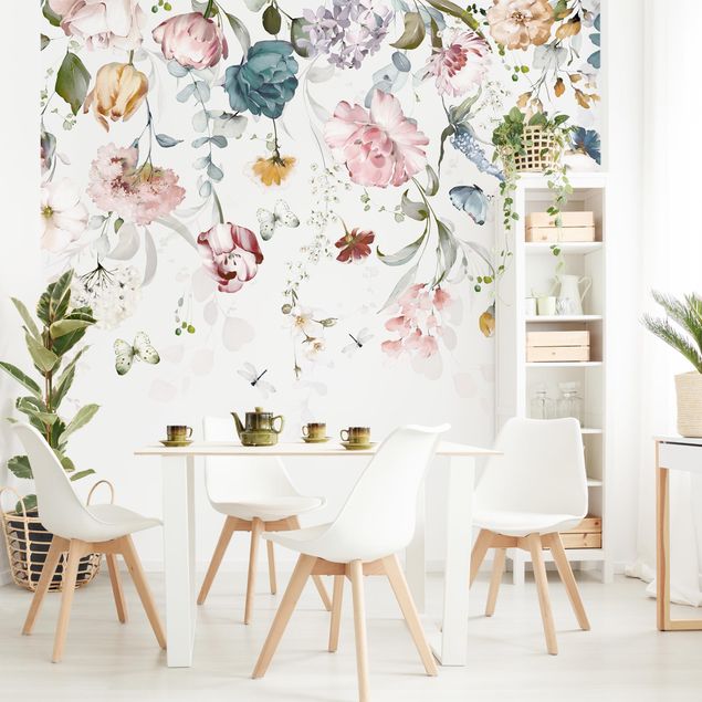 Wanddeko Schlafzimmer Rankende Blumen mit Schmetterlingen Aquarell