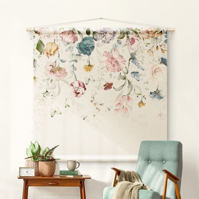 Wanddeko Wohnzimmer Rankende Blumen mit Schmetterlingen Aquarell