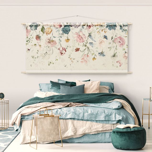 Wanddeko Schlafzimmer Rankende Blumen mit Schmetterlingen Aquarell