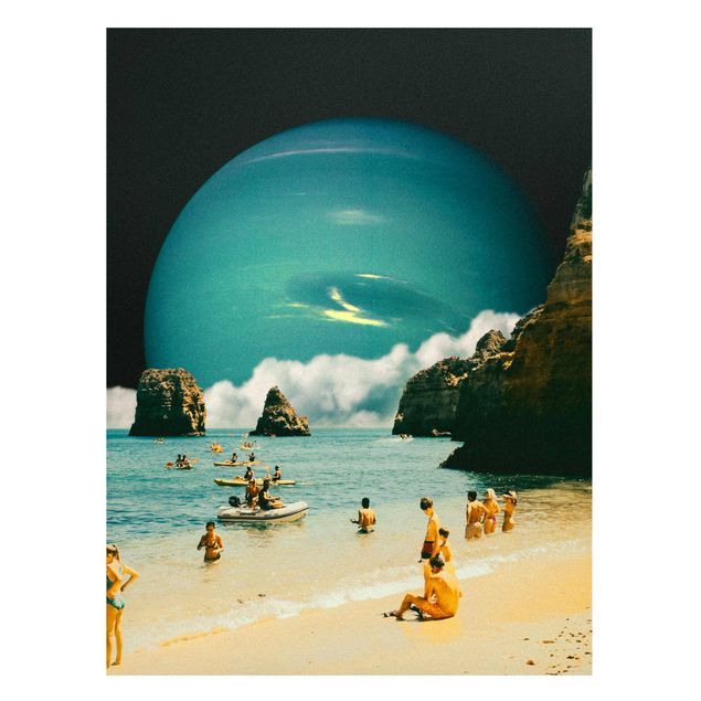 Wanddeko blau Retro Collage - Weltraum Strand