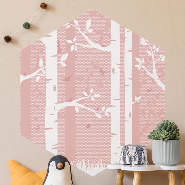 Wanddeko grau Rosa Birkenwald mit Schmetterlingen und Vögel