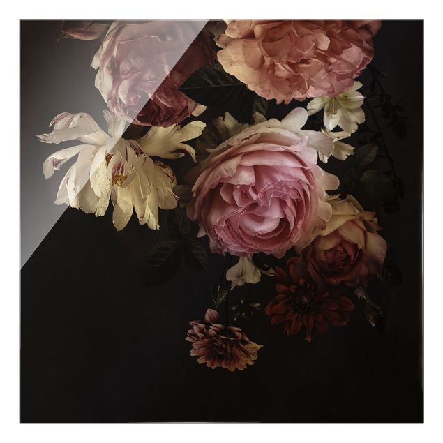 Wanddeko Esszimmer Rosa Blumen auf Schwarz Vintage