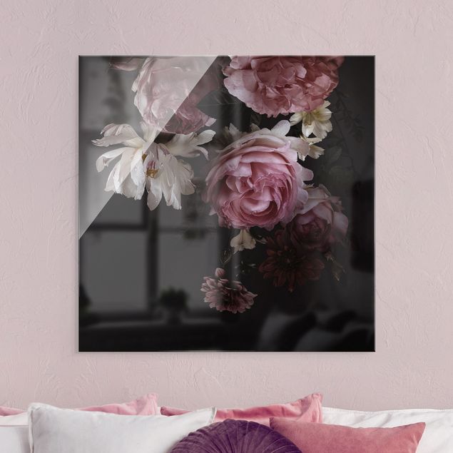 Wanddeko Schlafzimmer Rosa Blumen auf Schwarz Vintage
