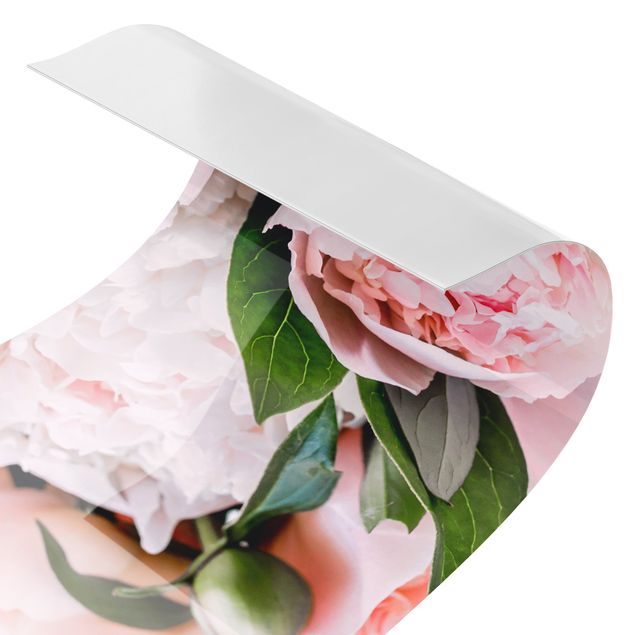 Küchenrückwand Folie Blumen Rosa Pfingstrosen mit Blättern