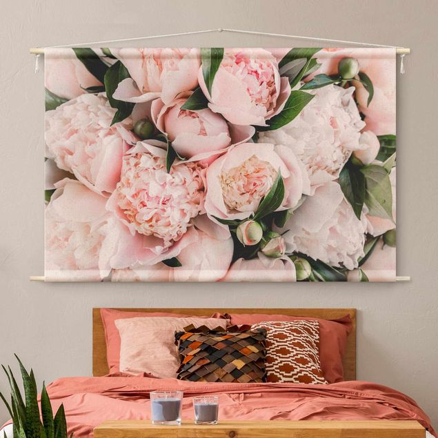 Wanddeko Schlafzimmer Rosa Pfingstrosen mit Blättern