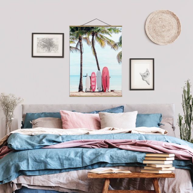 Wanddeko Wohnzimmer Rosa Surfboards unter Palmen