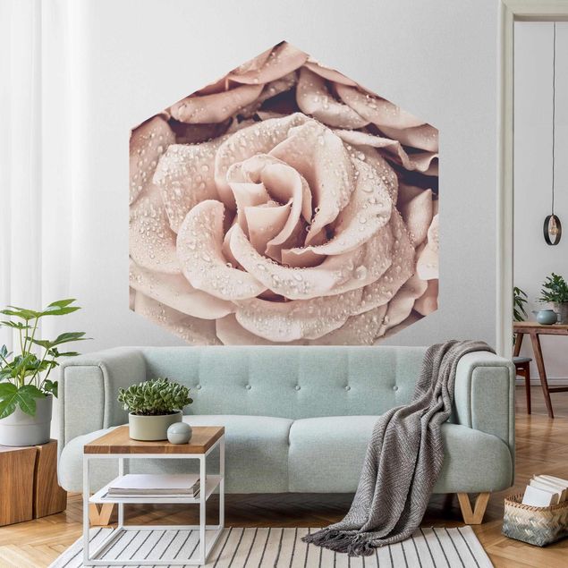 Wanddeko Schlafzimmer Rosen Sepia mit Wassertropfen