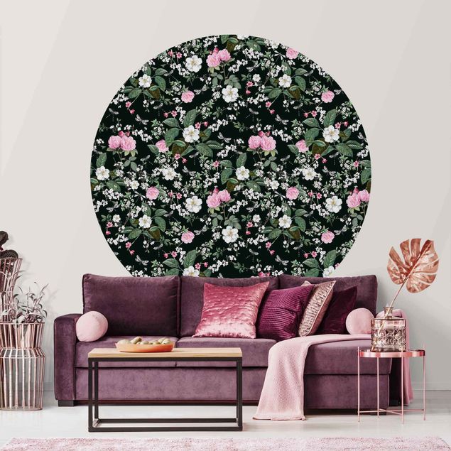 Wanddeko Wohnzimmer Rosen und Schmetterlinge auf Dunkelgrün