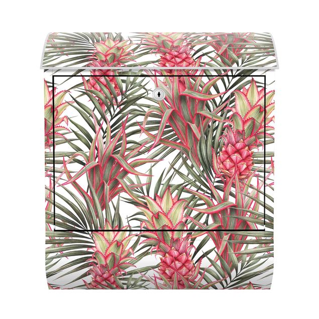 Wanddeko rosa Rote Ananas mit Palmenblättern Tropisch