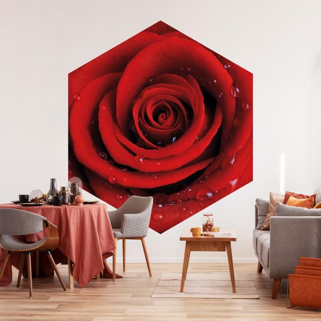 Wanddeko Schlafzimmer Rote Rose mit Wassertropfen