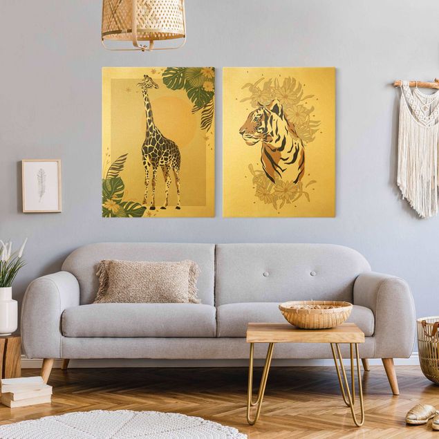 Wanddeko Wohnzimmer Safari Tiere - Giraffe und Tiger