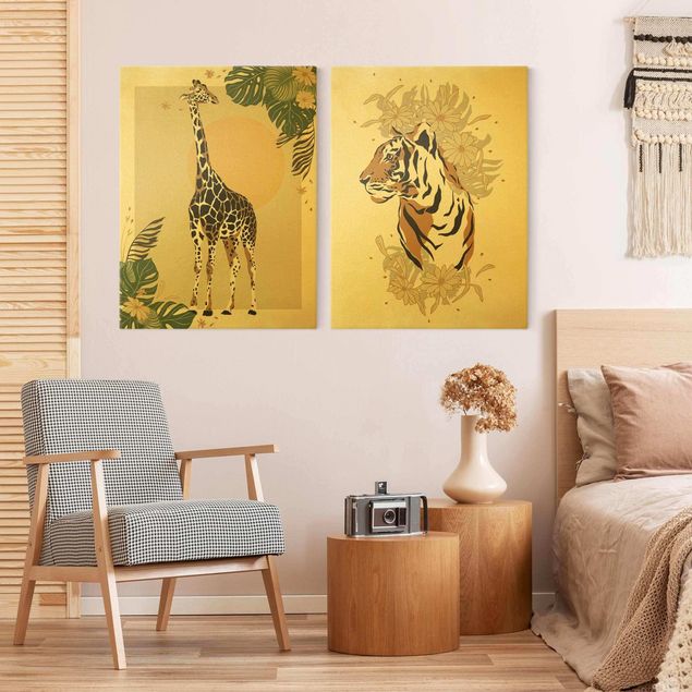 Giraffen Bilder auf Leinwand Safari Tiere - Giraffe und Tiger