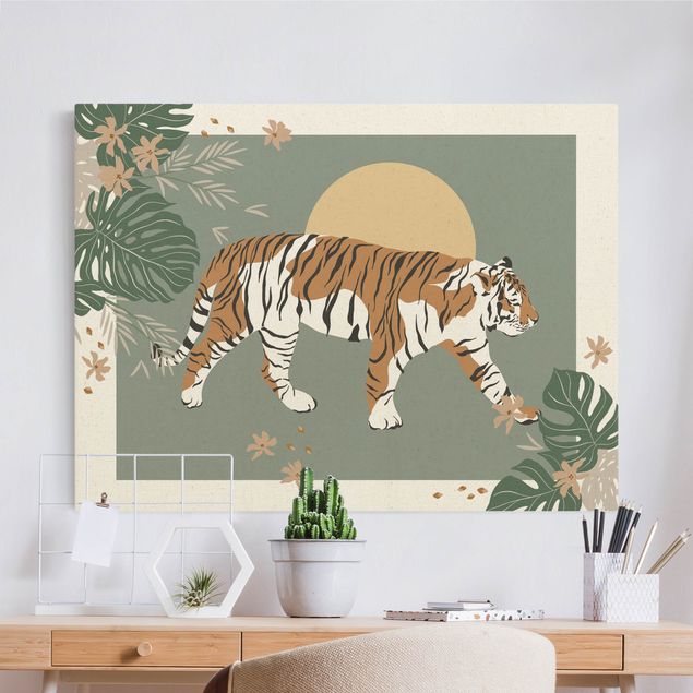 Wanddeko Wohnzimmer Safari Tiere - Tiger im Sonnenuntergang
