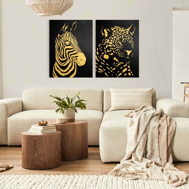 Wandbilder Giraffen Safari Tiere - Zebra und Leopard Schwarz