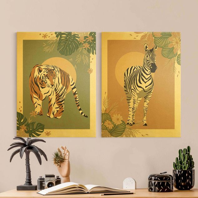 Tiger Bild Leinwand Safari Tiere - Zebra und Tiger vor Sonne