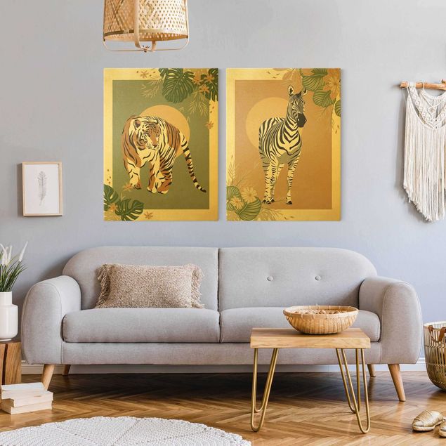 Wanddeko Büro Safari Tiere - Zebra und Tiger vor Sonne