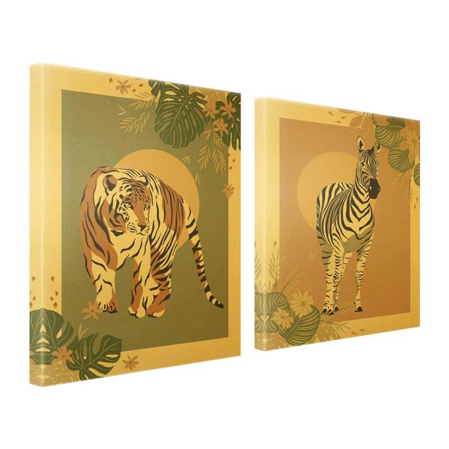 Wandbilder Tiger Safari Tiere - Zebra und Tiger vor Sonne