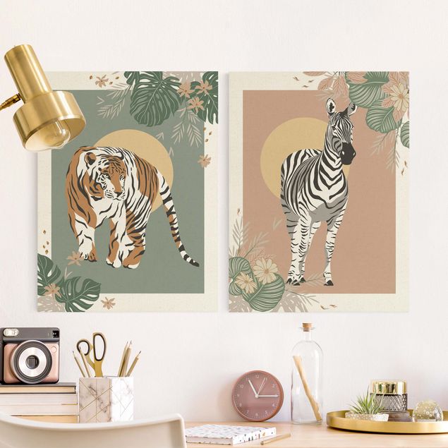 Wanddeko Wohnzimmer Safari Tiere - Zebra und Tiger vor Sonne