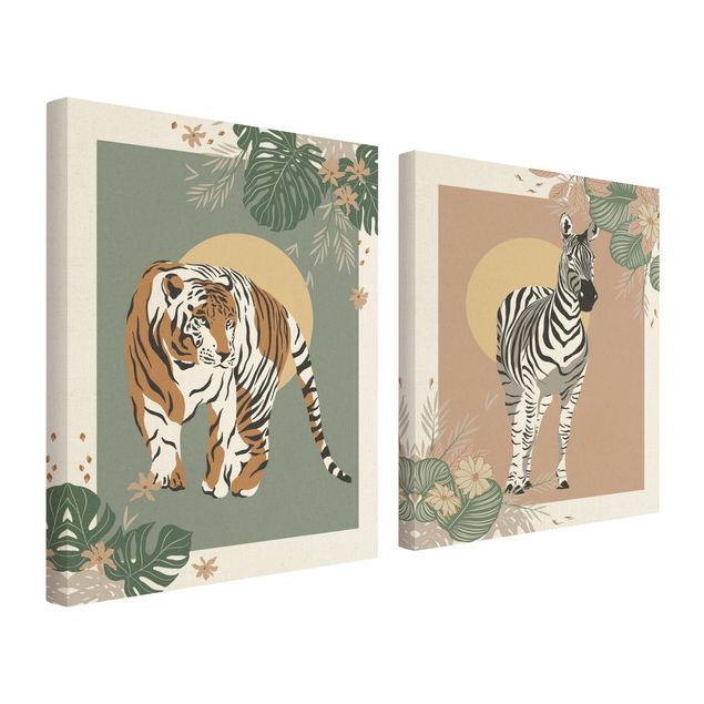 Wandbilder Tiger Safari Tiere - Zebra und Tiger vor Sonne