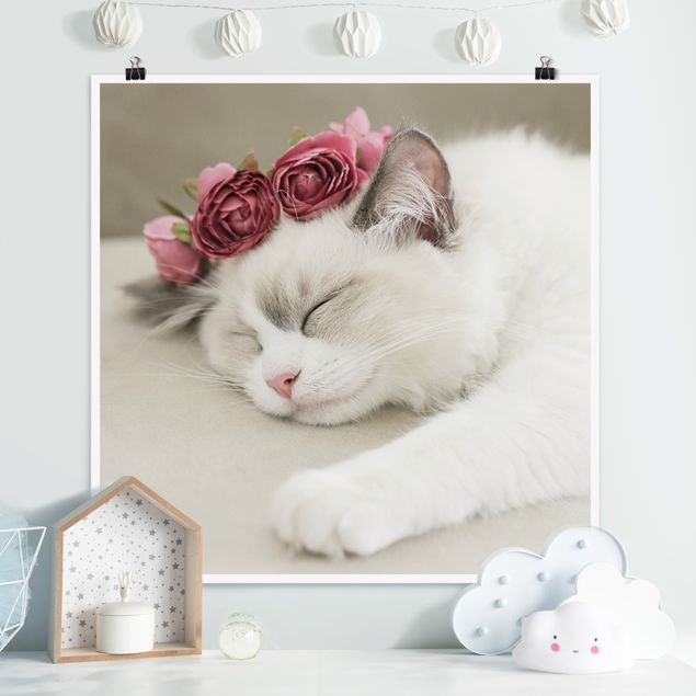 Babyzimmer Deko Schlafende Katze mit Rosen