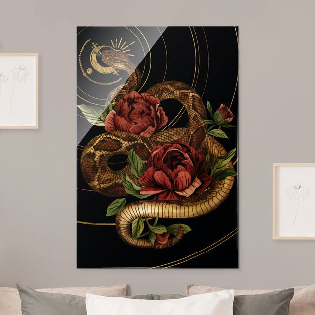 Wanddeko Büro Schlange mit Rosen Schwarz und Gold I