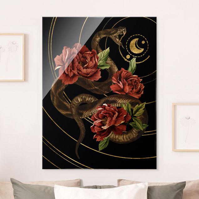 Glasbilder Rose Schlange mit Rosen Schwarz und Gold II
