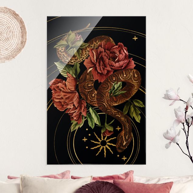 Glasbilder Rose Schlange mit Rosen Schwarz und Gold III