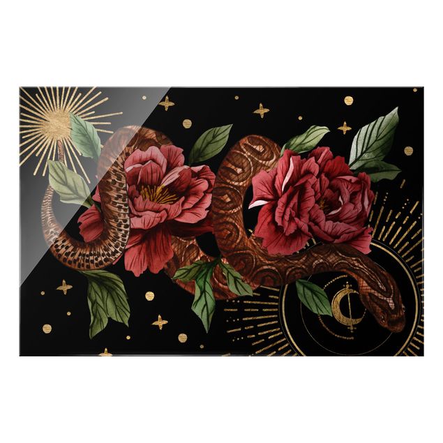 Wanddeko über Sofa Schlangen mit Rosen vor Schwarz und Gold II
