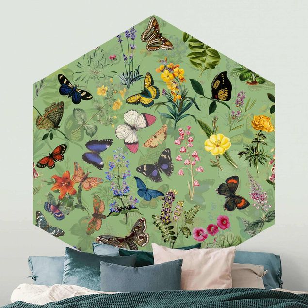 Wanddeko Schlafzimmer Schmetterlinge mit Blumen auf Grün