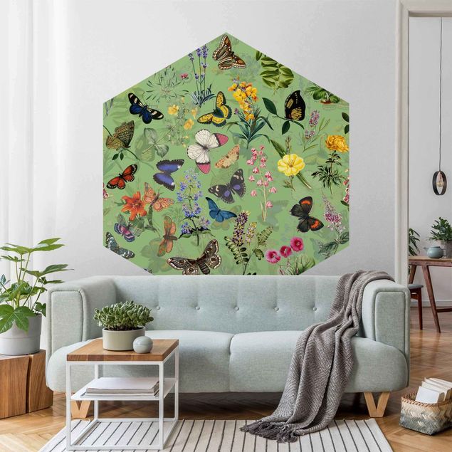Wanddeko Flur Schmetterlinge mit Blumen auf Grün