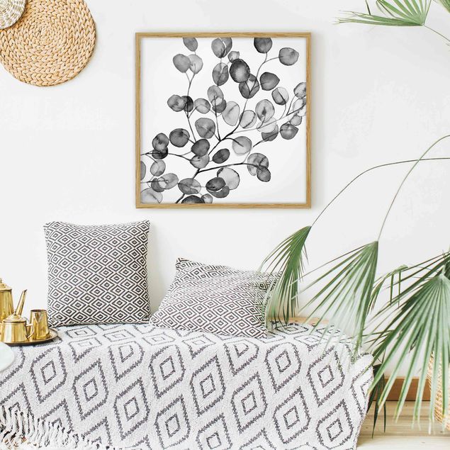 Wanddeko Schlafzimmer Schwarz Weiß Aquarell Eukalyptuszweig