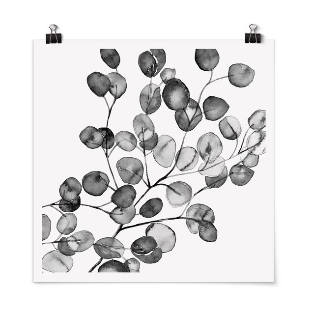 Wanddeko Büro Schwarz Weiß Aquarell Eukalyptuszweig