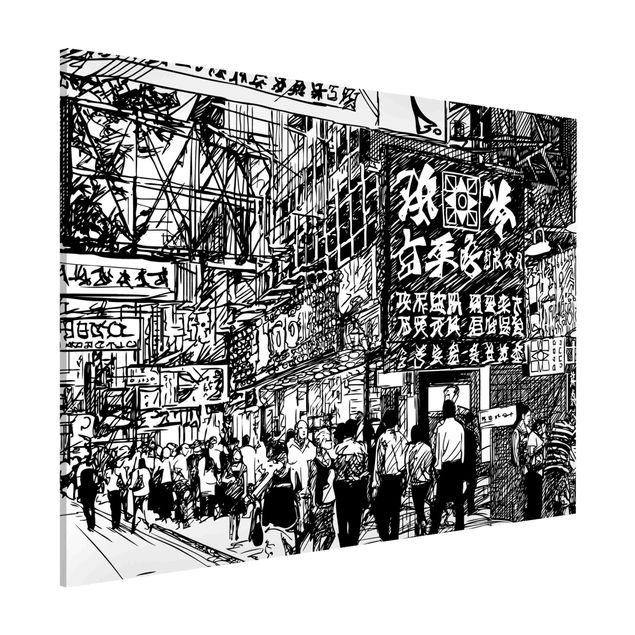 Wanddeko Büro Schwarzweiße Zeichnung Asiatische Straße II