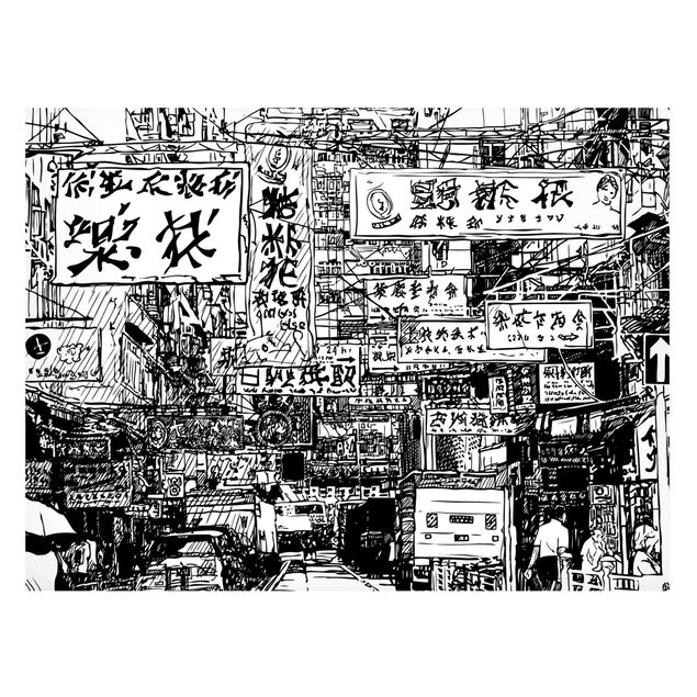 Wanddeko Jugendzimmer Schwarzweiße Zeichnung Asiatische Straße