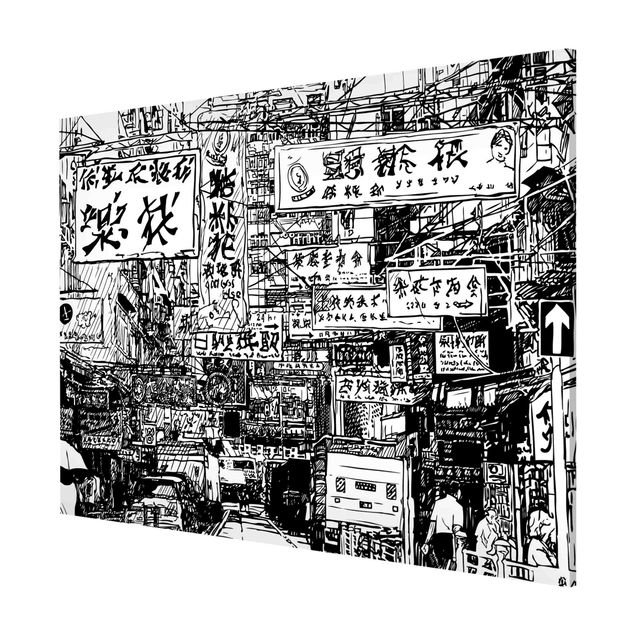 Wanddeko über Sofa Schwarzweiße Zeichnung Asiatische Straße