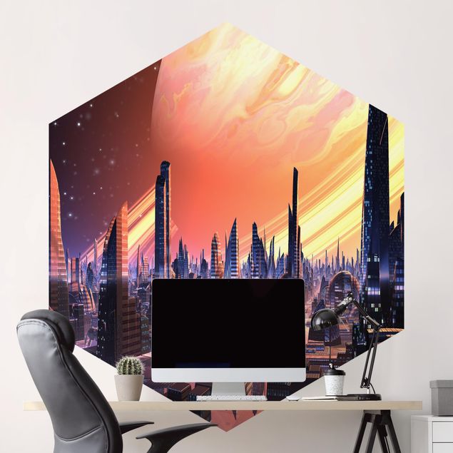 Wanddeko Büro Sci-Fi Großstadt mit Planet