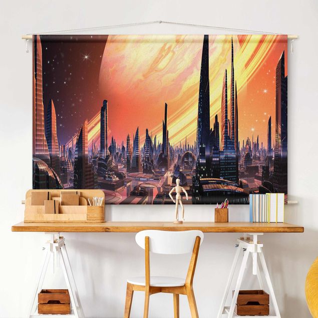 Wanddeko Büro Sci-Fi Großstadt mit Planet