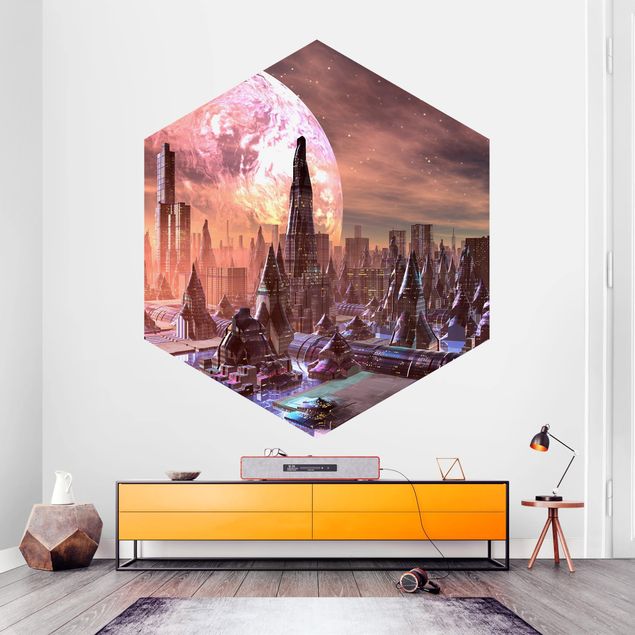 Wanddeko Büro Sci-Fi Stadt mit Planeten