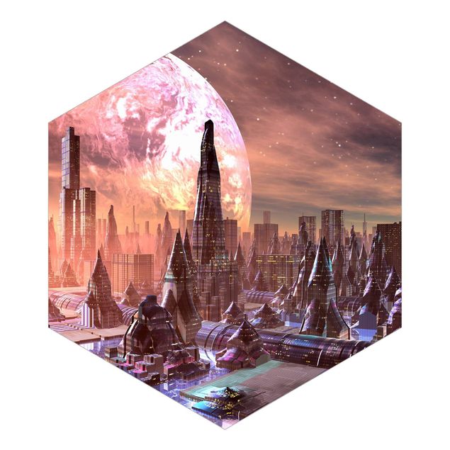 Wanddeko über Sofa Sci-Fi Stadt mit Planeten