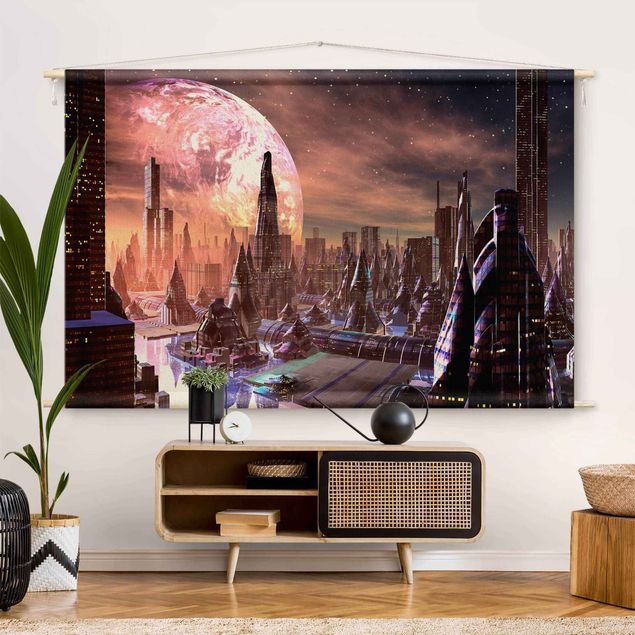 Wanddeko Büro Sci-Fi Stadt mit Planeten