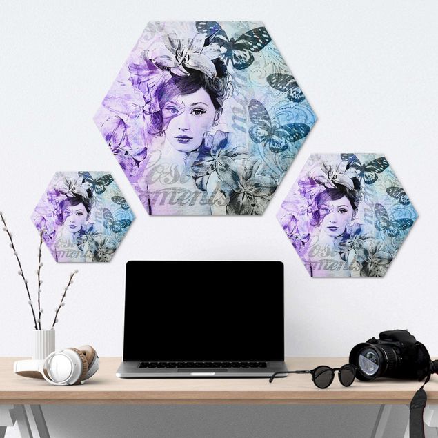 Wanddeko Praxis Shabby Chic Collage - Portrait mit Schmetterlingen