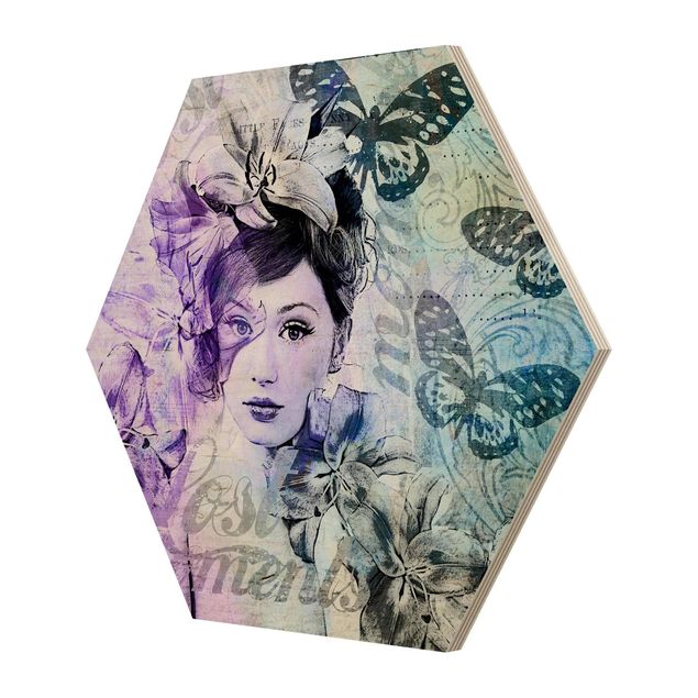Wanddeko über Sofa Shabby Chic Collage - Portrait mit Schmetterlingen