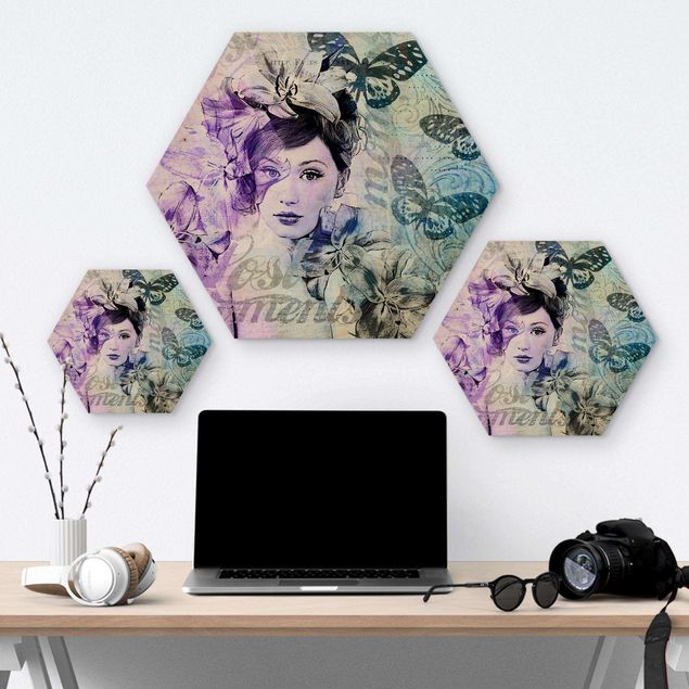 Wanddeko draußen Shabby Chic Collage - Portrait mit Schmetterlingen