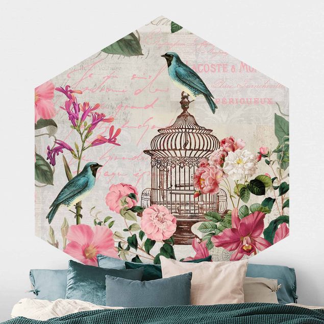 Wanddeko Schlafzimmer Shabby Chic Collage - Rosa Blüten und blaue Vögel